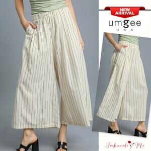 Umgee High Waisted Vertical Pinstripe Side Pockets Cropped Palazzo Pants | Ivory